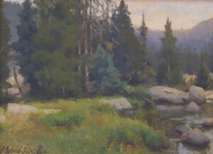 pine trees and grasses on a creek bank