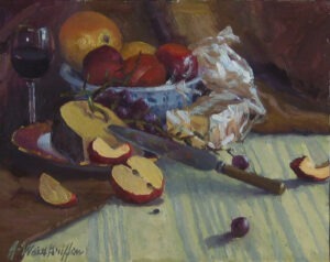 A still-life of fruit, wine, and cheese