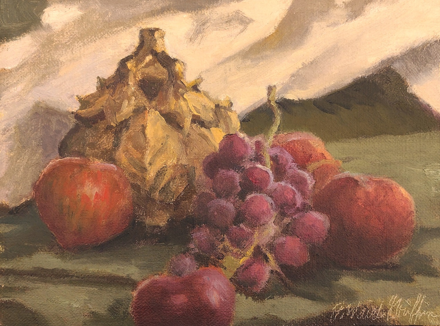Grapes, plums, and an incense burner